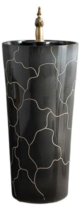Piedistallo salvaspazio Lavandino con piedistallo in ceramica nera rubinetto e kit di scarico, lavabo indipendente for interni ed esterni