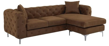 Vente-unique - Canapé d'angle réversible Chesterfield en Microfibre Aspect Cuir Vieilli Marron Edwina