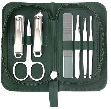 Mulbijeo Kit de Manicura de 7 Piezas con Estuche Verde Jade – Tijeras para Uñas, Tijeras para Cutículas, Cortaúñas para Pies y Manos, Limpiador de Uñas, Pinzas, Lima de Uñas de Vidrio