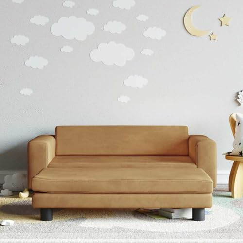 Ordellia Barnsoffa med pall brun av sammet, 100 x 50 x 30 cm, vadderad med skum, massiv furu, för barnrum, sittbänk, stol, bord, förvaringsutrymme och leksaker i vardagen