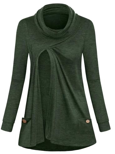 Joymom Nursing Tops Long Sleeve,Womens Comfy Funnel Neck Pure Color Breastfeeding Dressy Tunics Maternity Trapeze Irregular Bottom Pockets Shirts Dark Green X-Large