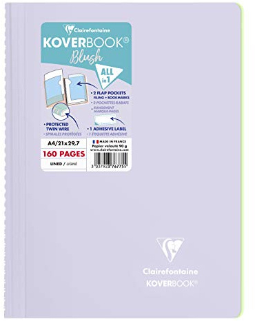 Clairefontaine 376775C - One Spiral Notebook Koverbook Blush Lilac - Size: A4 21x29,7 cm - 160 Lined Pages - White Paper 90 g - Polypro Wraparound Cover