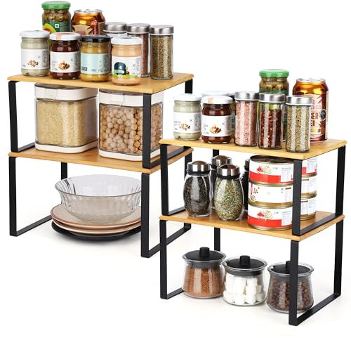 BELLE VOUS Pack de 2 Estante Organizador Cocina de Bambú Natural Estantería Armario Apilable y Extensible para Encimera, Baño, Alacena, Lavandería - Estantería de Cocina, Multifunción para Especias