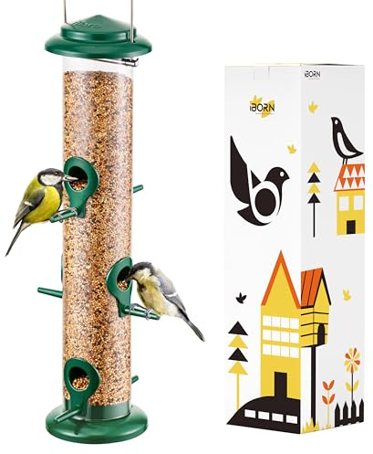 iBorn Metal Bird Feeders 6 Ports Hanging Wild Bird Seed Feeder for Mix Seed Blends, Niger Seed Feeder, Sunflower Heart, Birdbath, Heavy Duty All Metal Green Finishing 15 Inch 6Port