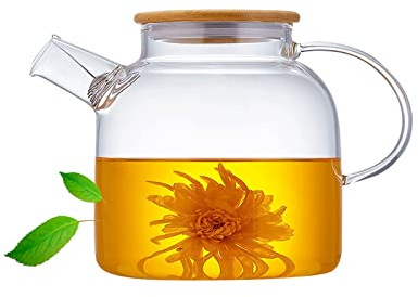 Glass Teapot 50.7oz/1500ml, Stovetop & Microwave Safe Borosilicate Tea Pot,Clear Teapot with Strainer, Glass Tea Kettle with Wooden Lid for Loose Leaf、Fruit Tea and Fragrant Tea