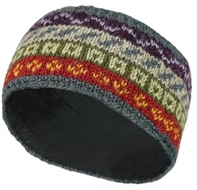 Kvinnor ull öronvärmare pannband fleecefodrad unik handstickad Fair Isle flerfärgad en storlek handgjord Pachamama Fair Trade, Grön, blå, röd, gul, benvit, en storlek