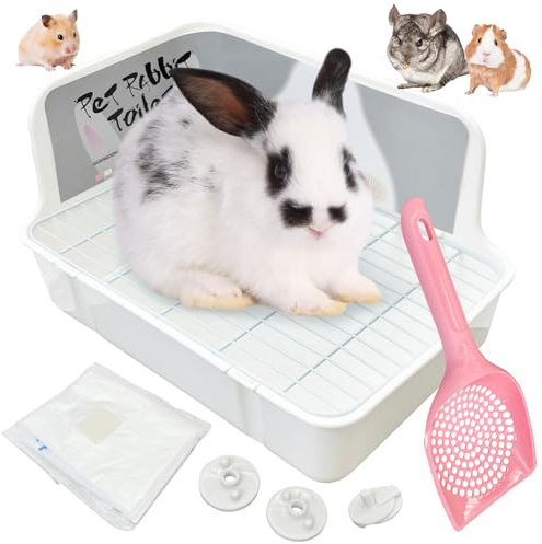 Tfwadmx Rabbit Litter Box Bunny Corner Litter Pan Pet Bedding Litter Box with Grate Small Animal Toilet Potty Trainer for Rabbit Bunny Chinchilla Guinea Pig Ferret (White)