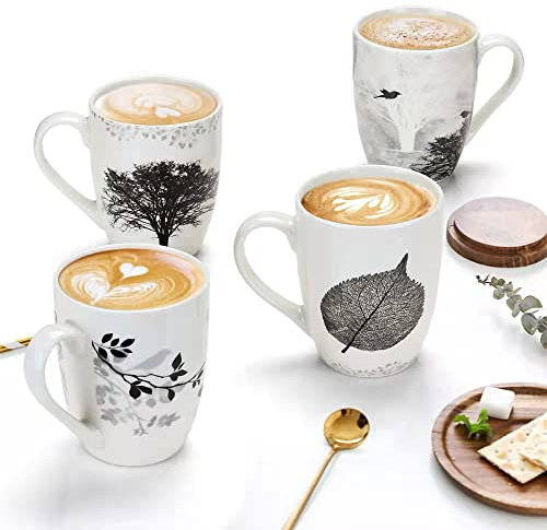 MACHUMA Set mit 4 Kaffeetassen-Sets, 350 ml, Keramik-Kaffeetassen, Set mit verschiedenen Baummustern, Kaffeetasse