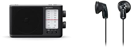 Sony ICF506.CED - Radio portátil (FM/Am de sintonización analógica con Auriculares, asa de Transporte, Adaptador CA) Negro & MDRE9LPB - Auriculares de Botón, Color Negro, In Ear, Alámbrico
