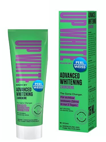 UP White by PERLWEISS Advanced Whitening Dentifrice, avec soda américain d'origine, réduit le jaunissement, nettoyage en douceur, 75 ml