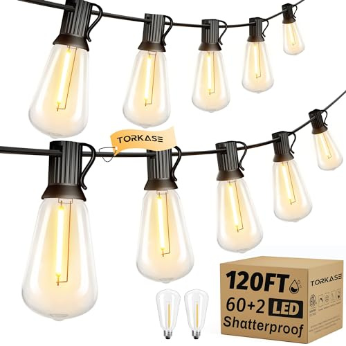Torkase Outdoor String Lights Mains Powered,120FT/36M Garden Festoon Lights with 62 Shatterproof ST38 Plastic LED Edison Bulbs Waterproof for Outside Patio Pergola Gazebo Décor Wedding Cafe