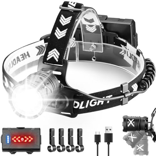 LeKaufen Stirnlampe LED Wiederaufladbar, Stirnlampe Rotlicht 15000 Lumen mit 4 Modi, Wasserdicht Kopflampe, Einstellbarer Fokus mit Rücklicht, 90°Einstellbar Stirnleuchte für Laufen, Camping, Notfälle