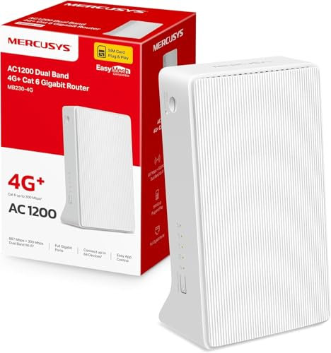 Mercusys MB230-4G, 4G+ Cat6 LTE Router, Banda Dual inalámbrica AC1200Mbps, Router WiFi con SIM, Puerto LAN/WAN, módem SIM 4G, sin configuración, Puertos de Antena externos