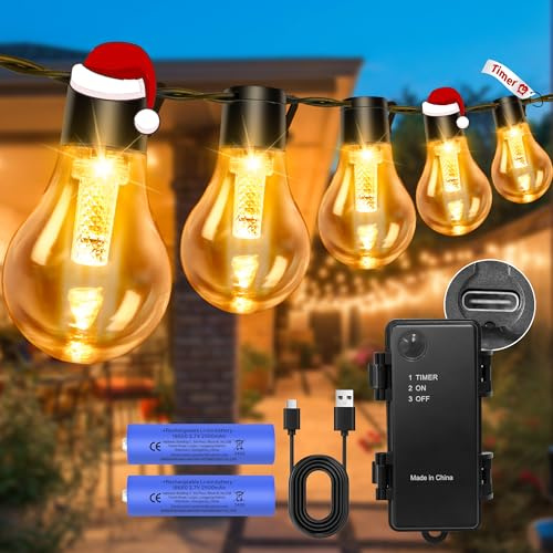 aurogeek Outdoor String Lights Battery Operated Rechargeable 5000mAh: 9m/30ft LED with 12 A60 Plastic Bulb Hanging Festoon Light Remote Waterproof USB for Garden Decorative Cafe Patio Pergola Indoor