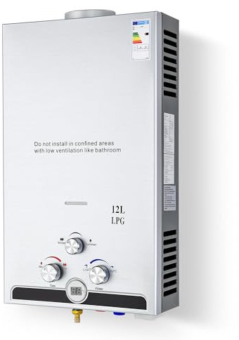 CO-Z 12 L/Min Calentador de Agua Butano, Calentador de Agua a Gas, Certificado CE, LPG Calentador Butano, Calentador de Gas Licuado de Petróleo sin Tanque (12 L/Min)