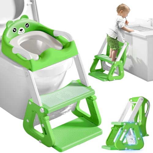 ZQEJEFD Toilettensitz Kinder mit Treppe,Kinder WC Sitz Toilette für Kinder mit Gepolstertem Sitz,2-in-1 Kinder Toilettensitz,Höhenverstellbar Faltbarer Kinder Toiletten Trainer,Rutschfestes Trittbrett