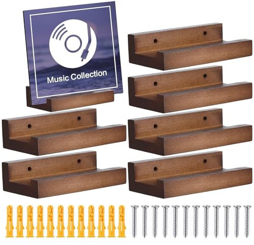 6 st trä vinylskiva hylla väggfäste, liten väggskivshållare displayhylla, vinylskivhyllor skivalbum displayhållare för LP, C D, bokkonst förvaring vintage modern heminredning för musikälskare