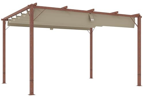Outsunny Pergola - Tonnelle de jardin d'environ 3 x 4 m avec coussin magnétique - Toit de terrasse en aluminium - Avec toit réglable - Autonome - Protection UV 30+ - Pour terrasse et jardin - Bois