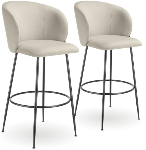 tectake® Taburete Alto con Respaldo Acolchado, Silla Alta de Cocina con Reposapiés, Banqueta con Patas de Acero y Topes Antideslizantes, Silla de Bar, Taburete de Cocina - 2 sillas Crema/Negro