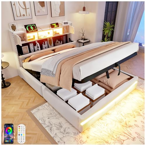 Lubvtti Letto imbottito con illuminazione a LED e porte USB+Type-C,letto matrimoniale con contenitore idraulico,testiera con vano contenitore, letto contenitore matrimoniale,lino (Beige,160x200)
