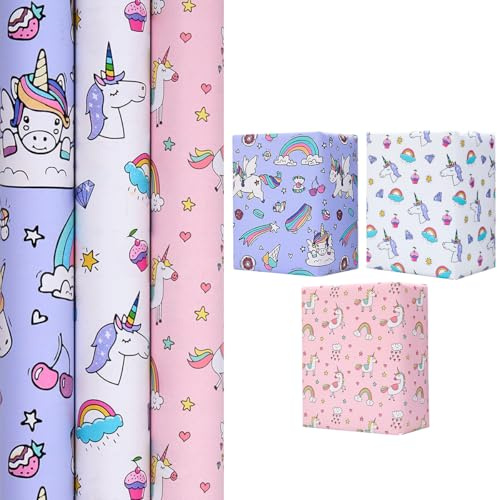 Rollo de Papel para Envolver Regalos de Cumpleaños: 3 Rollos de 43 cm x 3 m con Estampado de Unicornio - Morado, Rosa y Blanco para Envolver Regalos de Cumpleaños Infantiles