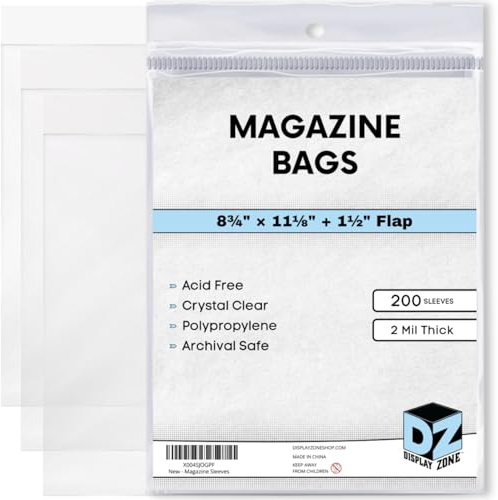 Display Zone Magazine Bags 8-3/4 X 11-1/8 - 200 Pack Acid-Free Polypropylene Plastic Sleeves - Crystal Clear Protection for Your Magazines - Archival Storage Covers for Collectors