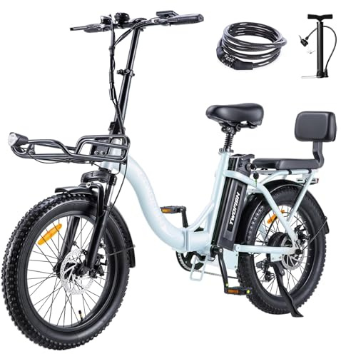 TWOFISH Electric Bike for Adults, Folding Electric Bicycle with 36V 17.8AH Removable Battery, 20x 3.0 Tire, Disc Brakes, LED Display, Dual Seat, Up to 100km Range, TF-02 (Sky Blue)