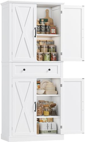 FirFurd Alacena de Cocina, Aparador Cocina, Armario Almacenaje, Armario Despensa Cocinas, 4 Puertas, 1 Cajón, para Comedor, Baño, Blanco, 78x40x181,5cm