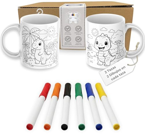 Quodelo - Tazas para Pintar de Cerámica - Pack 2 Tazas Dinosaurio con 6 Rotuladores para Hornear - Manualidades Creativas para Niños y Adultos - Kit Regalo