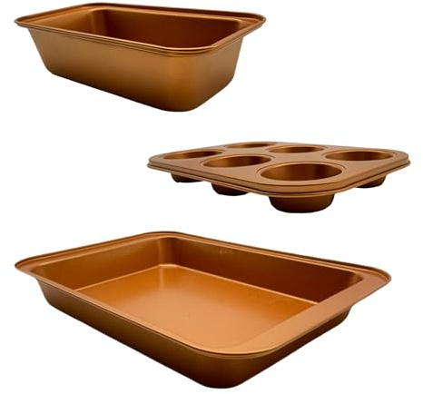 Relaxdays Set 3 moldes para Hornear antiadherentes de Acero Carbono, Bandeja 6 Muffins, Fuente Asar, 37x25.5x5 cm