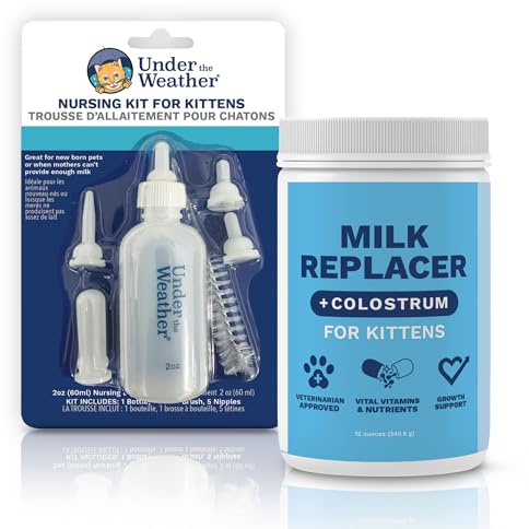 Under the Weather Kitten Milk Replacer Powder + Nursing Bottle Kit | Milk Replacement Formula with Colostrum, Feeding Bottle, 5 Nipple Sizes & Cleaning Brush | Complete Newborn Kitten Feeding Set