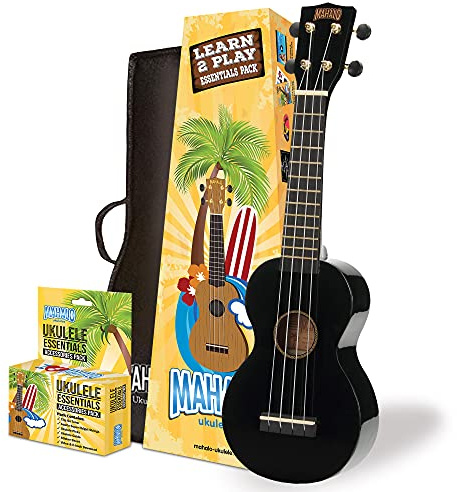 Mahalo Rainbow Soprano Ukulele Beginners Kit - Ukulele for Kids & Adults with Guide, Carry Case, Clip-on Tuner, Spare String Set & Picks, Learn 2 Play' Instruments Bundle, Black