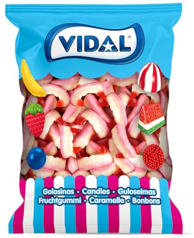 Vidal Golosinas. Colmillos de Vampiro. Golosina con forma de colmillos de vampiro con increíble sabor fresa nata. Color rosa, blanco y rojo. Sin Gluten. Sin Grasa. Bolsa de 250 unidades.