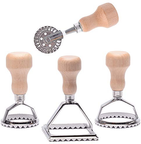 MASTER FENG 4PCS Ravioli Stamp Maker Cutter, Ravioli Cutters Mold with Wooden Handle and Fluted Edge Pasta Maker Kitchen Attachment with Pastry Cutter Wheel for Ravioli Pastry Pasta Dumplings Cookies