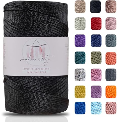 Makromecity, Polyester Macrame Cord 2mm x 250 Yards (750 feet) 2mm Polypropylene Black Macrame Cord for Macrame Art & Crafts for Wall Hangings, Bags, Underplate, Rug (29 Colors Available)