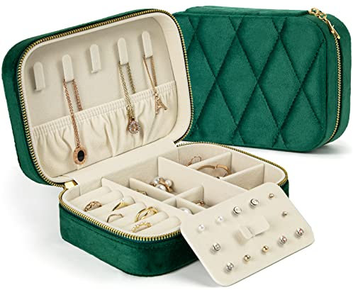 KAMIER Kleine Schmuckkästchen für Damen, Reise Schmuckbox Samt Schmuckschatulle für Ohrringe, Ringe, Halsketten, niedliche Schmucketui Reise für Frauen, Männer, Mädchen, Grün