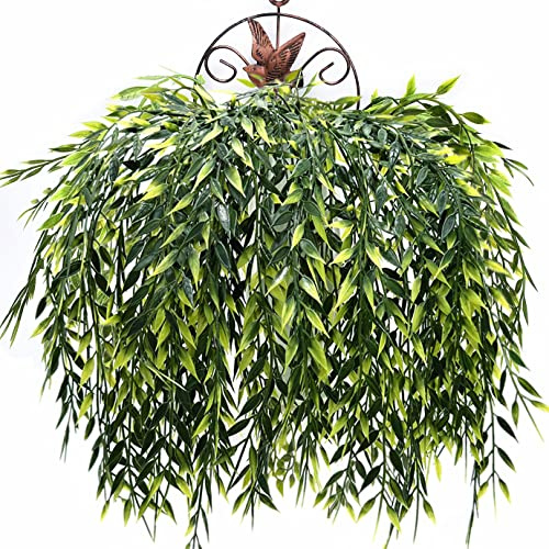 Artificial Weeping Willow Plants, Fake Hanging Vine Decor Plastic Greenery Leaves Faux Ivy for Indoor Outdoor Garden Door Wall DIY Basket Planter Filler Wedding Party Decoration Blackish Green 4 Pack