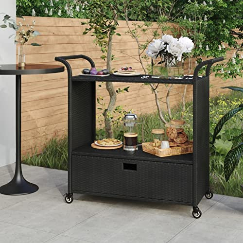 Homgoday Carro de bar con cajón negro 100 x 45 x 97 cm de poliratán, muebles de jardín, mesa y sillas de jardín al aire libre, juego de comedor de jardín