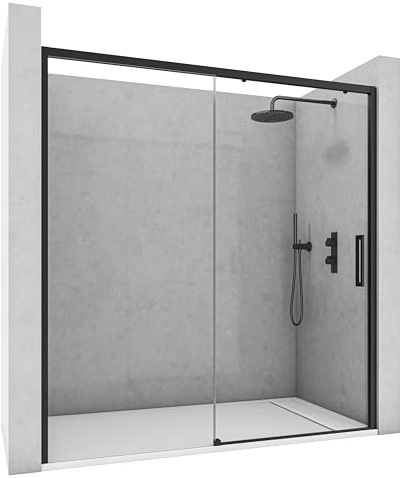 NEBADOON | Mamparas de Ducha - 1 Puerta Corredera + 1 Fijo - Mampara de Ducha Corredera - Perfilería Negra Mate - 159 a 163 cm (Ancho Adaptable 4 cm) x 195 cm (Alto) - Posición Puerta Derecha