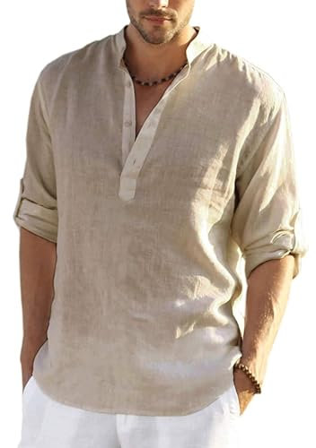 COOFANDY Sommerhemd Herren Langarm Henley Leinenhemd Stehkragen Freizeithemd Regular Fit Leinen Shirts Khaki XL