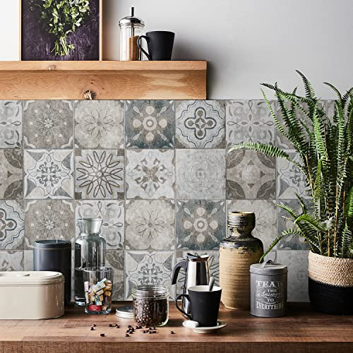 Tile Stickers for Kitchen Bathroom 15x15cm Moroccan Vintage Stick on Tiles Self Adhesive Floor Wall Stickers Vinyl Waterproof Oil Proof DIY 24pcs