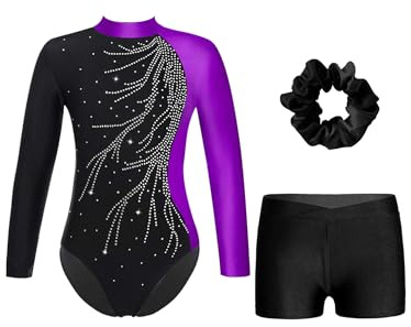 Linjinx Enfant Fille Justaucorps de Gymnastique Paillette Manches Longues Léotard Ballet Danse Classique Ensemble Patinage Artistique Costume Performance 5-16 Ans Violet et noir 7-8 ans