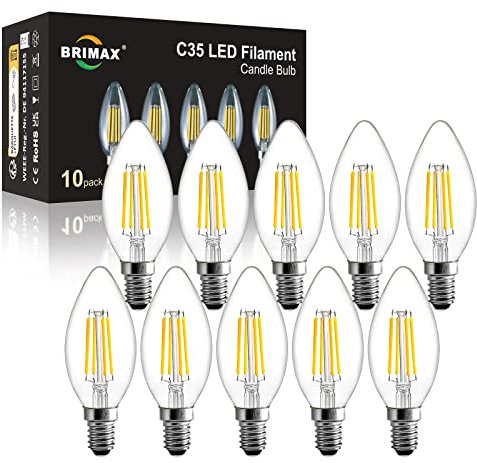 BRIMAX Lot de 10 Ampoules E14 Dimmable Blanc Chaud 2700K 6W=60W Ampoule Filament LED C35 en Verre 600LM AC220-240V Ampoule Bougie LED de Rechange E14 pour Lustres, Lampes de table et Murales