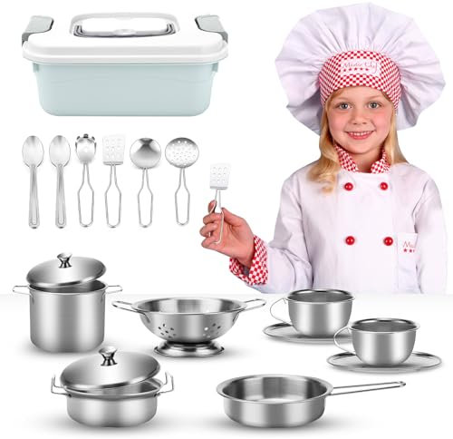 Juguetes de Cocina para niños Accesorios, 17 Piezas Juguetes de Chef para Niños, Set Utensilios de Cocina Culinario Mini Cocina de Juguete, Juego de Roles de Cocina, Adecuado para niños y niñas.