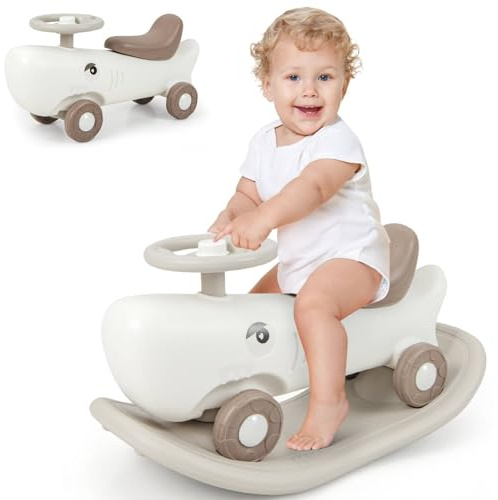 GYMAX Kids Rocking Horse, 3 in 1 Toddler Ride On Car with Detachable Balance Board & Anti-slip EVA Strips, Foot to Floor Sliding Car Indoor Rocking Toy for Boys Girls (White)
