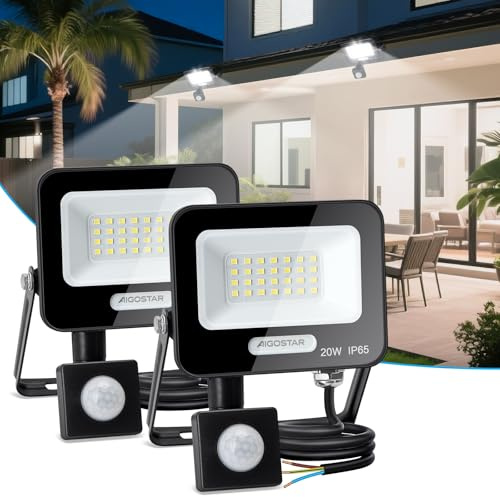 Aigostar- 20W Foco LED con Sensor Movimiento, Super Brillo Focos Exterior, 1650LM, Blanco Frío 6500K, IP65 Impermeable, Proyector LED Exterior, Perfectas para Jardín, Garaje, Patio, Paquete de 2