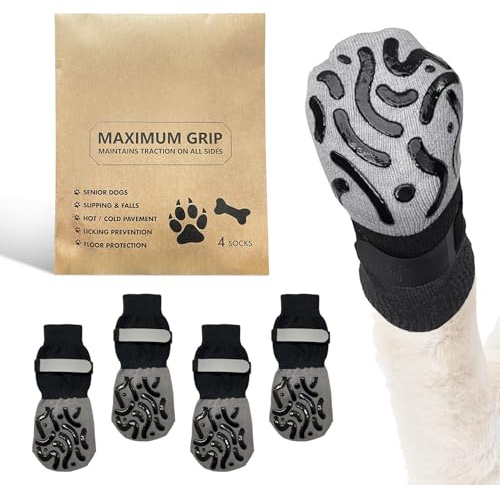 ARWIG Lot de 4 chaussettes antidérapantes pour chien - Anti-léchage - Réglables - Antidérapantes - Protection des pattes de chien pour les personnes âgées sur les sols durs à l'intérieur - Noir