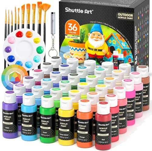 Shuttle Art Outdoor Acrylic Paint Set, 36 Colours 2oz/60ml Paint for Garden Ornaments with 10 Brushes 1 Palette, Waterproof Painting Set for Artists, Beginners on Rocks, Wood Crafts, Garden Statues