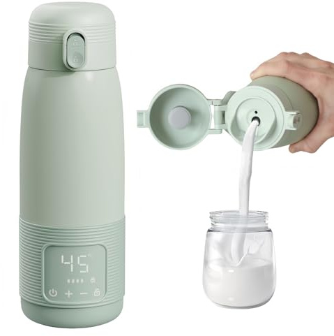 Snabbvärmande nappflaskvärmare, nappflaskvärmare, temperaturkontroll 37~55 °C med digital display bärbar flaskvärmare, stor, 500 ml kapacitet för resor och nattmat (ljusgrön)