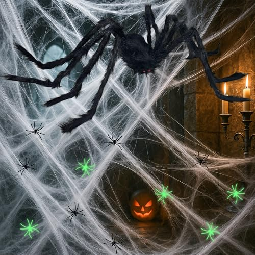 72-delat set halloween dekoration (71 × spindel 1 × spindelnät), spindelnät halloween, halloweendekorationer utomhus/trädgård/hus dekoration, nät halloween, stort spindelnät utomhus
